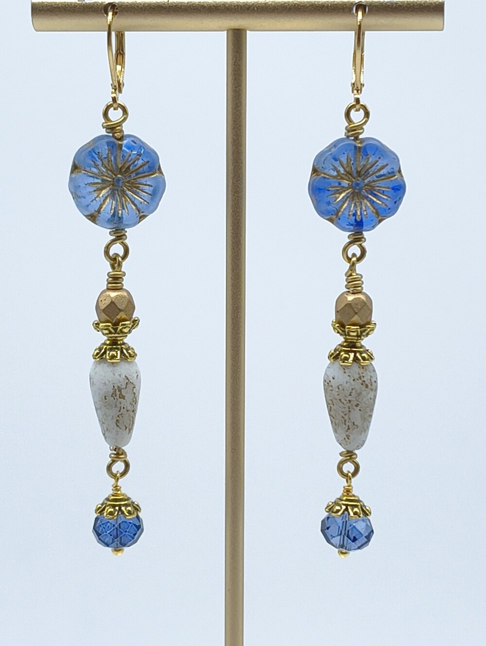 Blue White Czech Glass Dangle Earrings